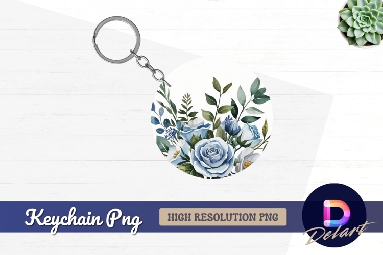 Blue roses floral circle round keychain png