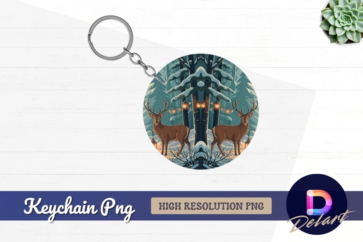 Winter forest deer pair round keychain png