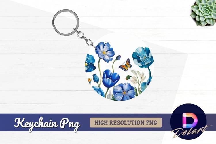 Blue poppies and butterfly round keychain png