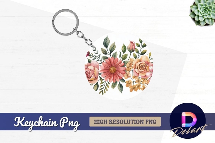 Watercolor flower circle round keychain png