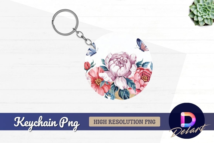 Watercolor floral design round keychain png