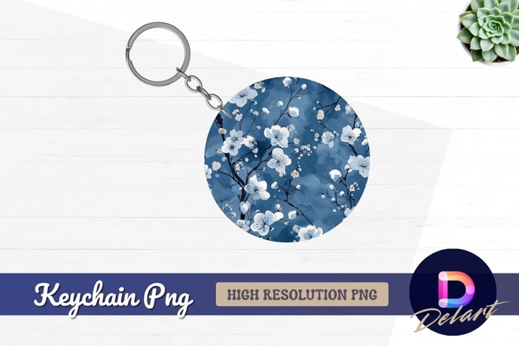 White cherry blossoms on blue Round Keychain PNG