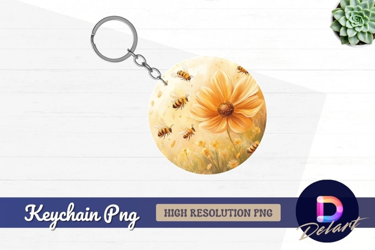 Honeybees around yellow flowers round keychain png