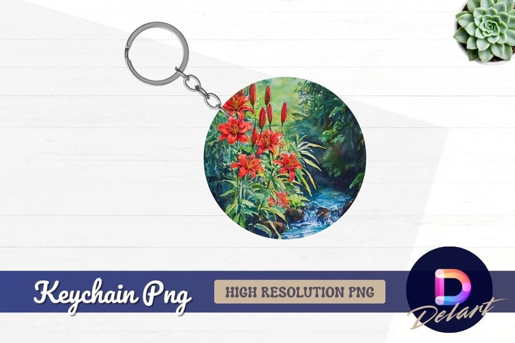 Watercolor red lily flowers near forest Round Keychain PNG