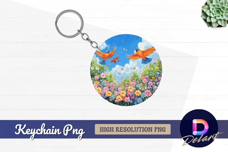 Colorful birds flying over flower meadow Round Keychain PNG