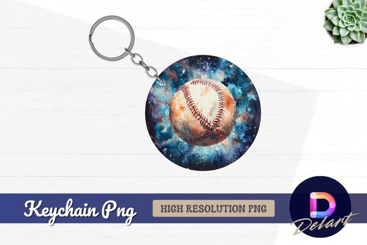 Watercolor baseball on cosmic blue Round Keychain PNG