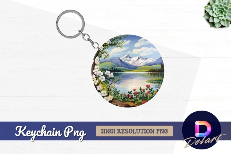 Lake mountain flower painting Round Keychain PNG