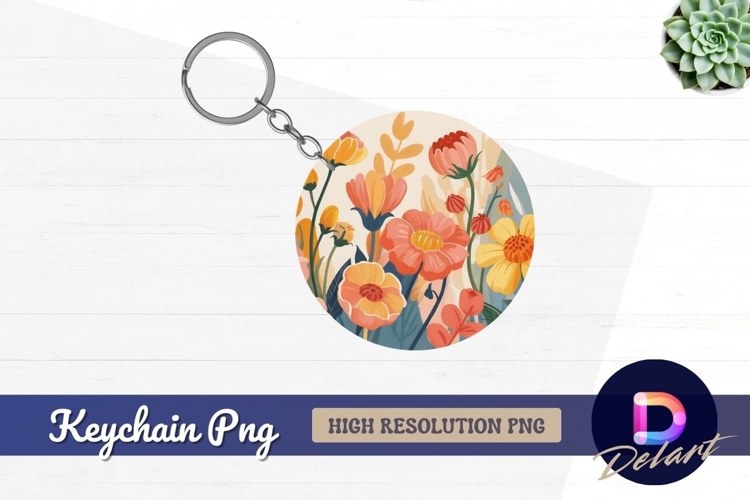 Illustrated colorful floral arrangement Round keychain png example image 1