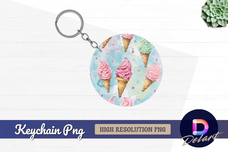 Watercolor ice cream cone pattern Round Keychain PNG