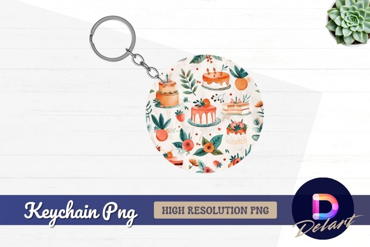 Watercolor cake and floral Round Keychain PNG