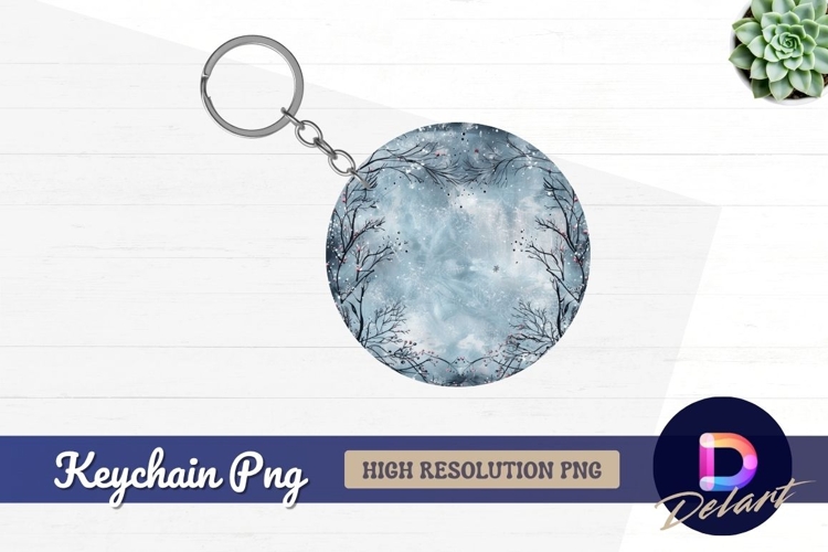 Winter branches on circular blue Round Keychain PNG