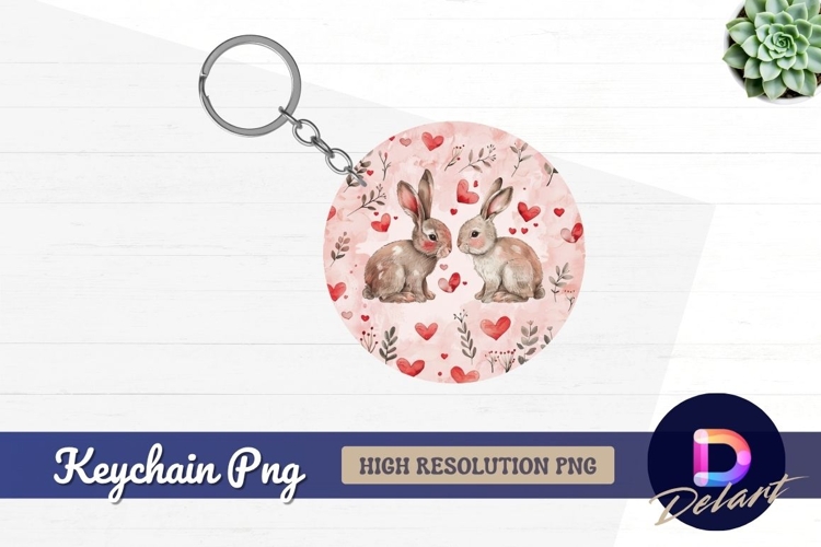 Watercolor two rabbits hearts round keychain png example image 1