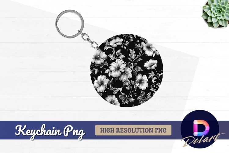 Black and white floral circle Round Keychain PNG