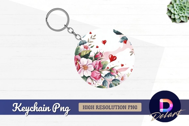 Watercolor flowers and hearts Round keychain png example image 1