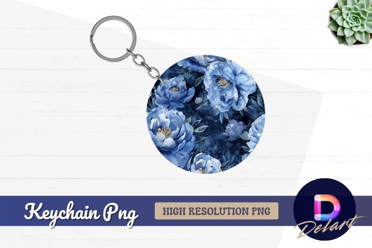 Blue peony pattern Round Keychain PNG
