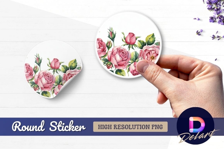 Watercolor pink roses bouquet floral Round sticker png example image 1