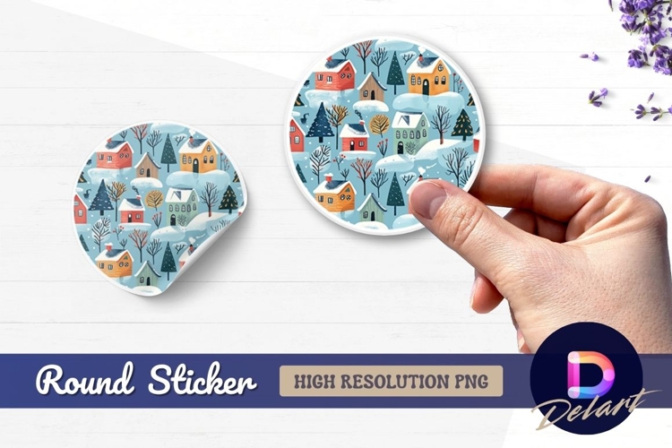Winter village background illustration Round Sticker PNG