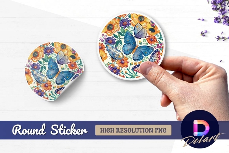 Colorful butterflies with floral Round Sticker PNG