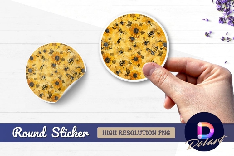 Floral and bee pattern Round Sticker PNG