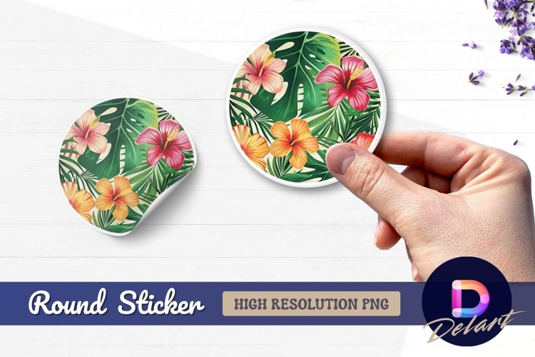 Tropical floral pattern colorful hibiscus Round Sticker PNG