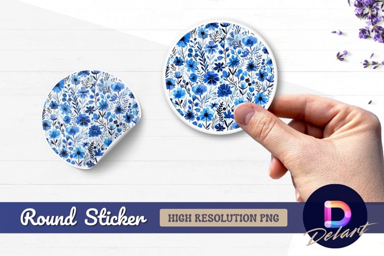 Blue floral watercolor pattern Round Sticker PNG