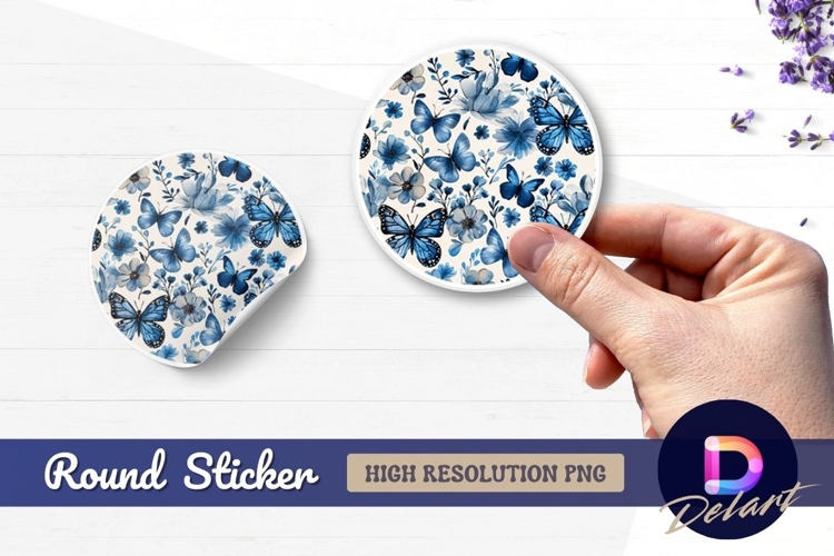 Blue butterflies and flowers Round Sticker PNG