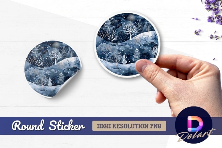Watercolor winter landscape Round Sticker PNG