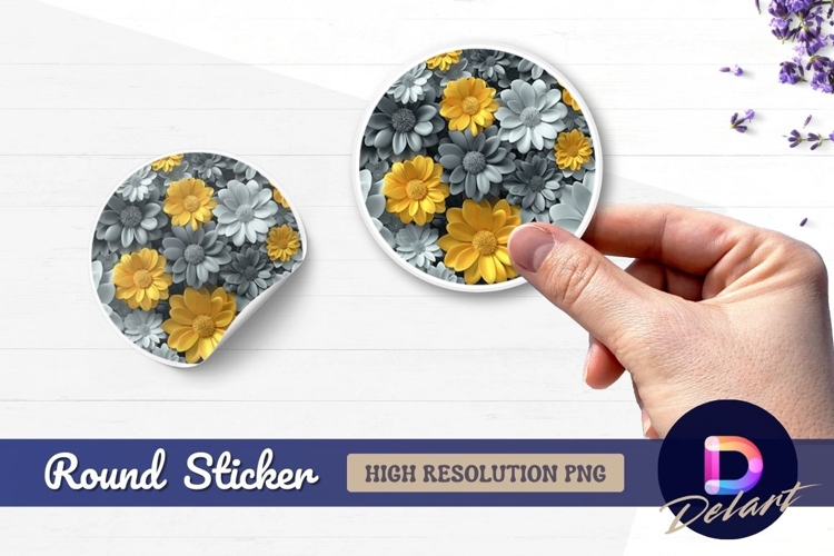 Yellow flowers on gray floral Round Sticker PNG