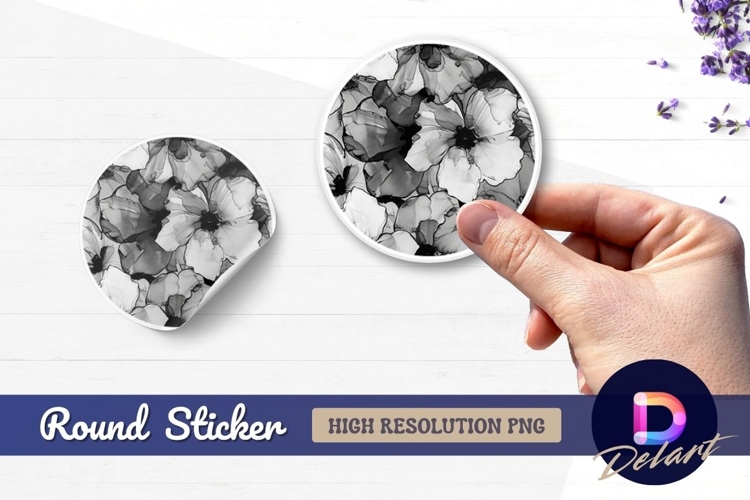 Black and white floral Round Sticker PNG