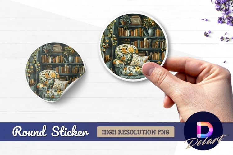 Cozy reading nook with books and Round Sticker PNG
