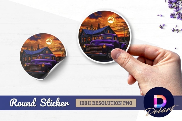 Purple truck sunset country house Round Sticker PNG