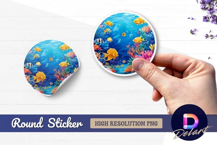 Cartoon fish and coral reef Round Sticker PNG