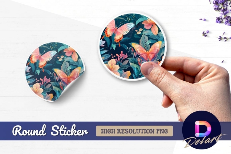 Butterflies and flowers round sticker png design