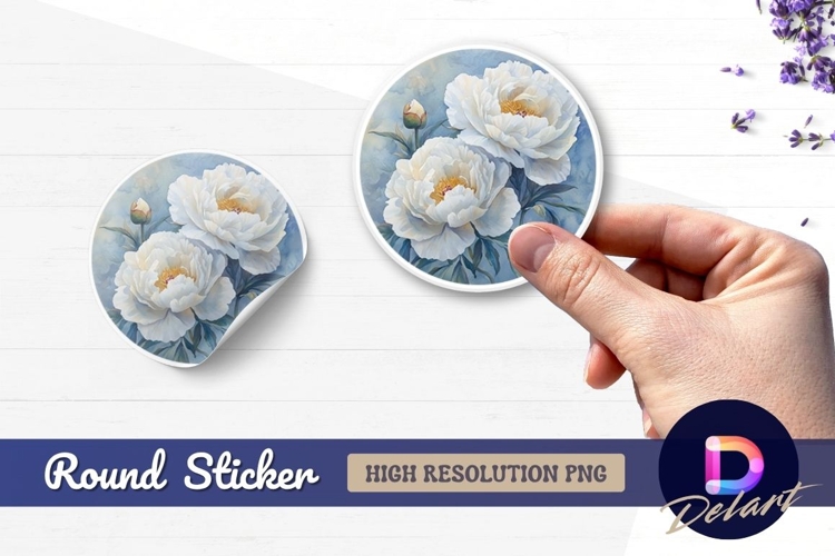 Watercolor white peonies floral Round Sticker PNG