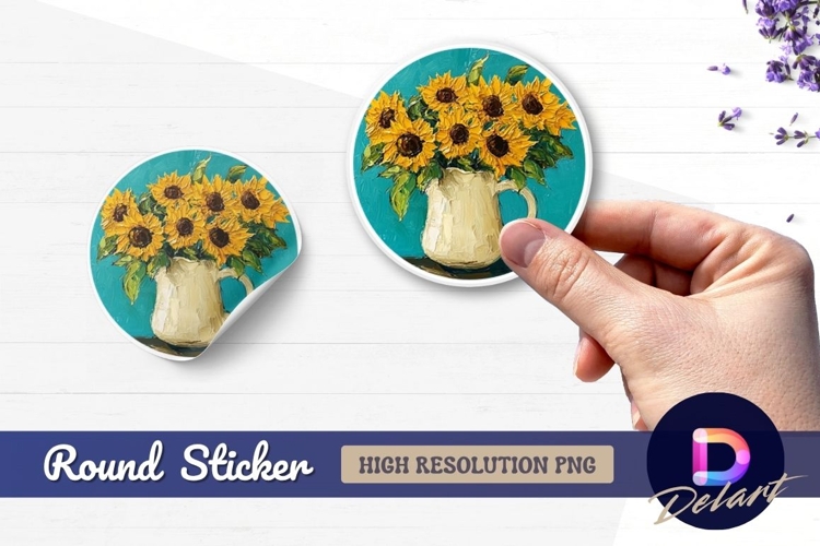 Sunflowers in pitcher on teal round sticker png