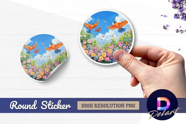 Birds butterflies flowers landscape Round Sticker PNG