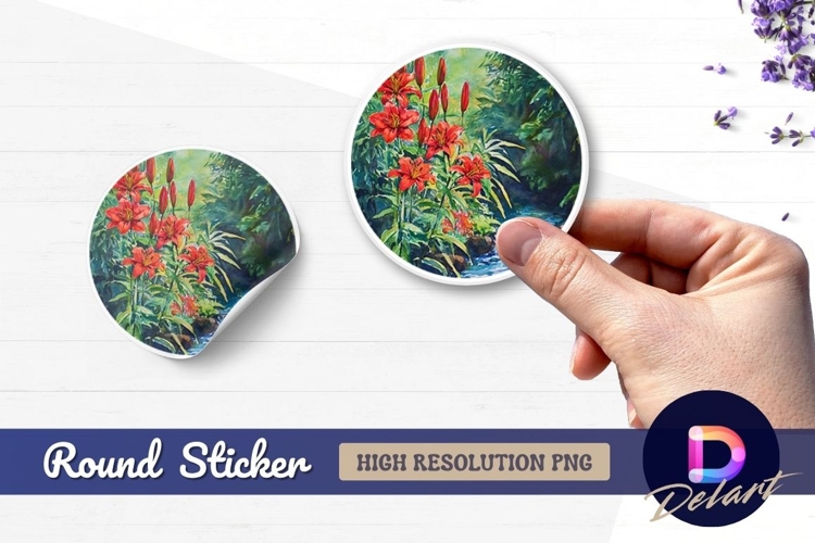 Red lily flowers near stream round sticker png