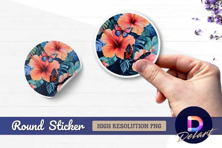 Hibiscus flowers and butterflies Round Sticker PNG
