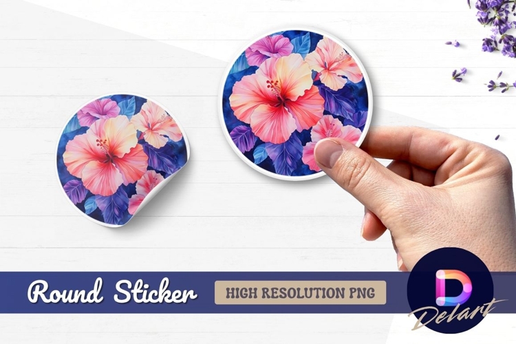 Watercolor hibiscus flowers illustration Round Sticker PNG