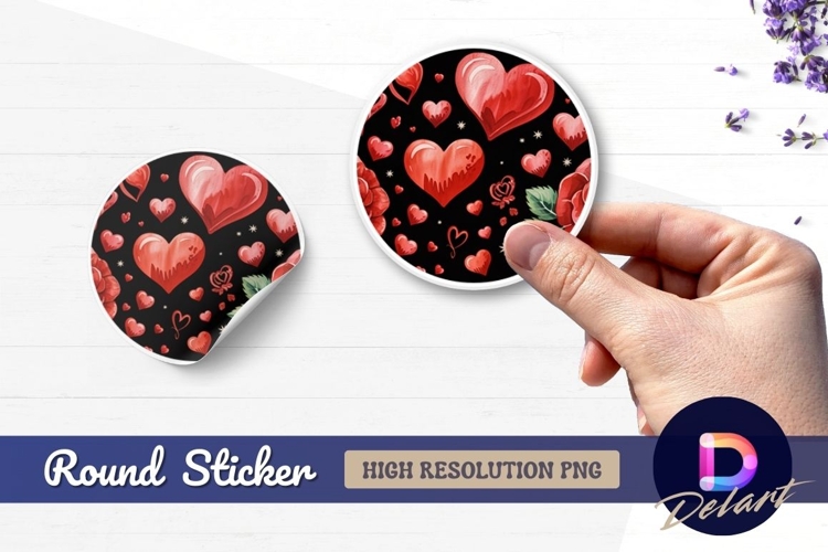 Watercolor hearts and roses pattern Round sticker png