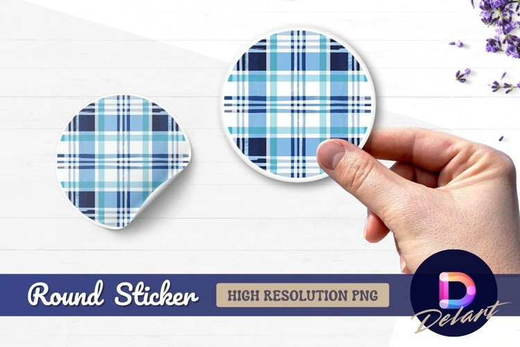 Blue and white plaid pattern Round Sticker PNG