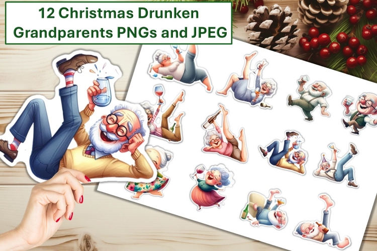 12 Christmas Drunken Grandparents Stickers JPEG and PNGs