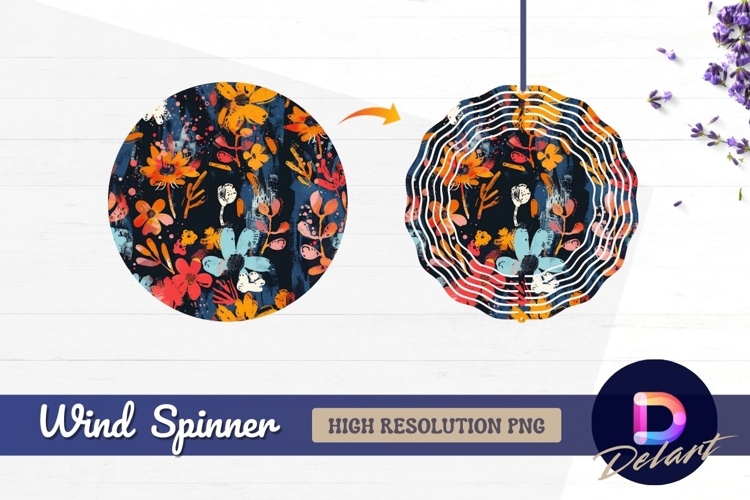 Colorful floral pattern with dark Round Wind Spinner PNG