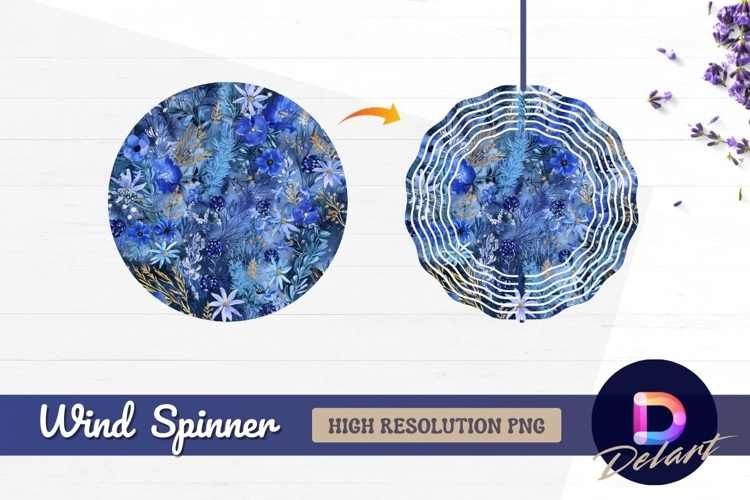 Blue floral pattern with gold Round Wind Spinner PNG