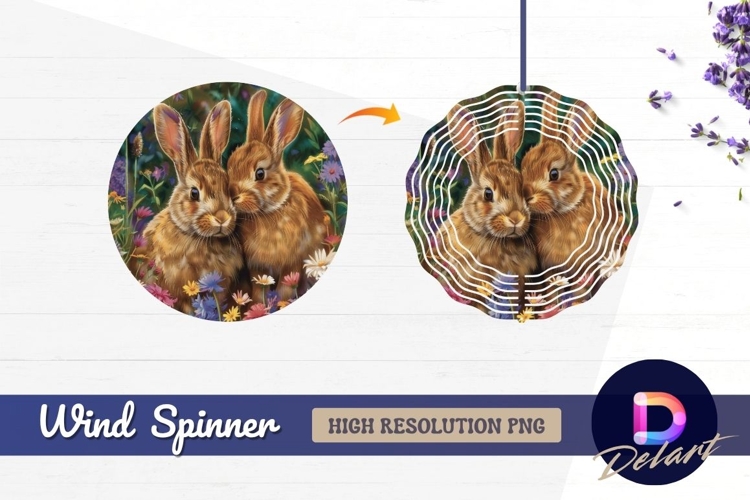 Two rabbits surrounded by flowers Round Wind Spinner PNG