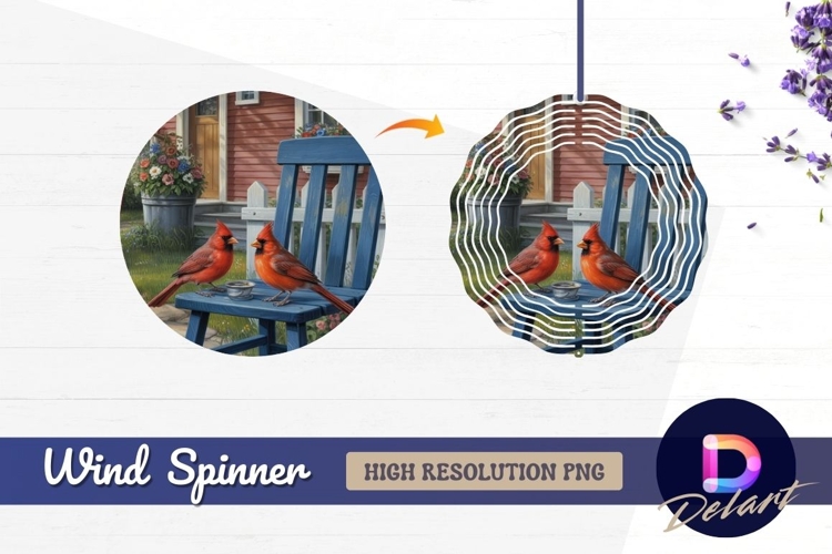 Two cardinals on blue chair Round Wind Spinner PNG