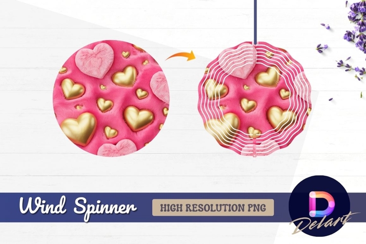 Fluffy pink and gold hearts on Round Wind Spinner PNG