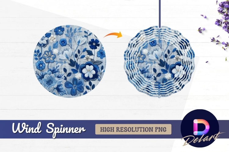 Blue embroidered floral Round Wind Spinner PNG
