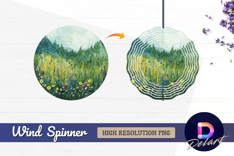 Watercolor meadow landscape with Round Wind Spinner PNG