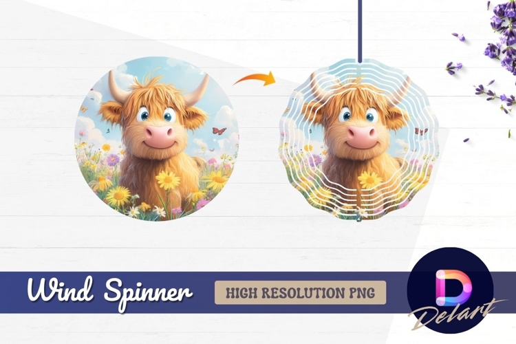 Cute highland cow in a flower field Round Wind Spinner PNG